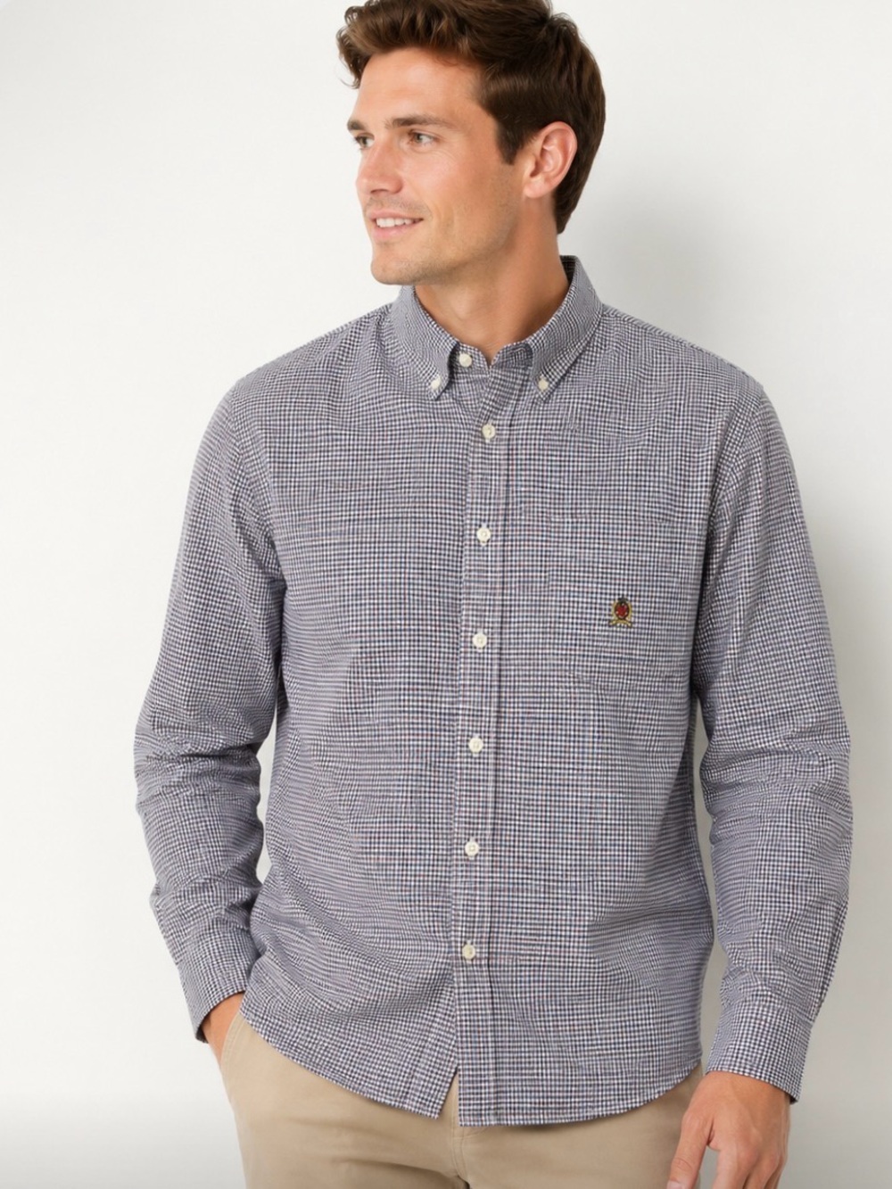 * Tommy Hilfiger Button Down Gingham Plaid Embroidered Emblem Mens Size M